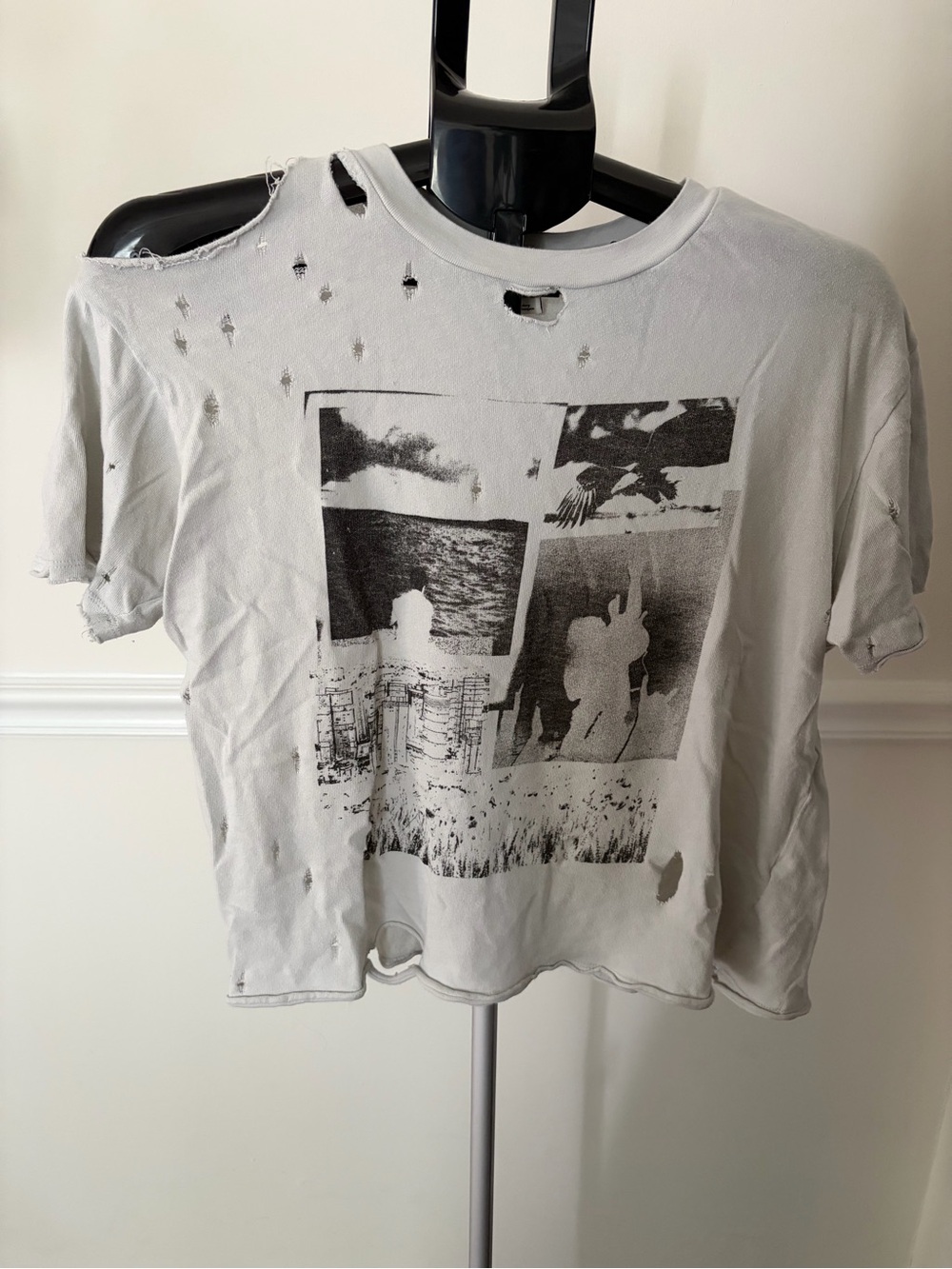 Urban Outfitters Distressed Graphic Crop Tee - Light Gray